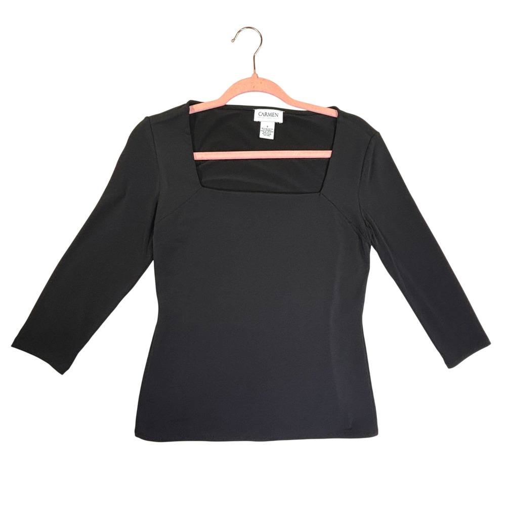 Carmen Marc Valvo Black Square Neck 3/4 Sleeve Knit Top Small